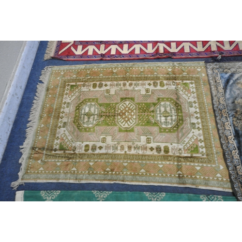 1227 - A SELECTION OF RUGS AND TAPESTRIES, to include a faux silk red rug, 204cm x 136cm, classical scene r... 