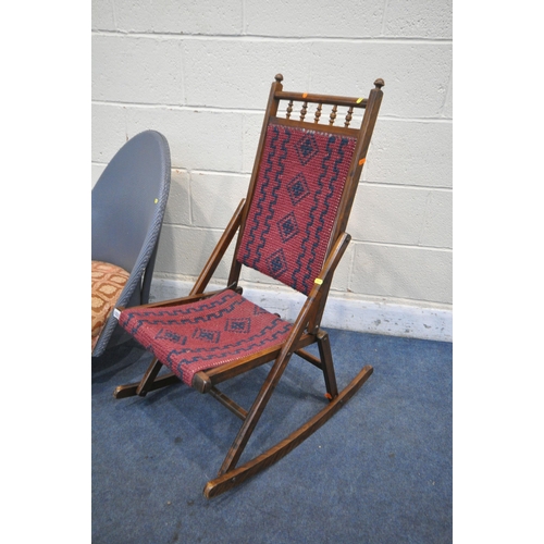 1231 - AN EDWARDIAN STAINED BEECH FOLDING ROCKING CHAIR, with a needlework back and seat, along with a pain... 