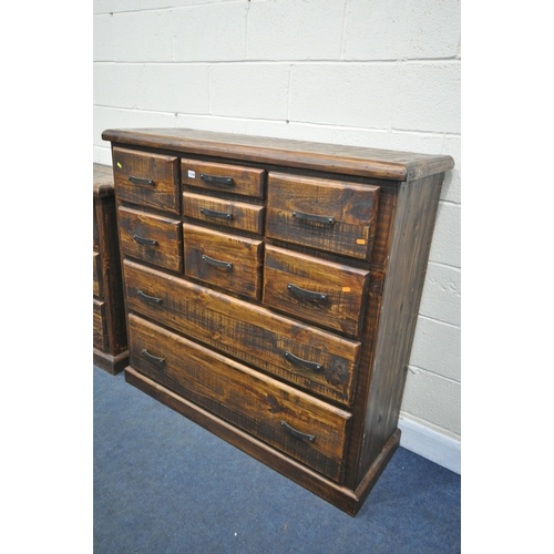 1238 - A HARDWOOD RUSTIC STYLE CHEST OF NINE ASSORTED DRAWERS, width 130cm x depth 49cm x height 123cm, and... 