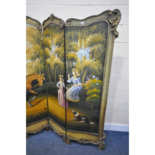 1240 - A 18TH CENTURY STYLE FRENCH HAND PAINTED FOUR PANEL SCREEN/ROOM DIVIDER, of a rider on a horse court... 