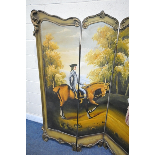 1240 - A 18TH CENTURY STYLE FRENCH HAND PAINTED FOUR PANEL SCREEN/ROOM DIVIDER, of a rider on a horse court... 