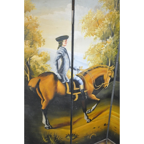 1240 - A 18TH CENTURY STYLE FRENCH HAND PAINTED FOUR PANEL SCREEN/ROOM DIVIDER, of a rider on a horse court... 