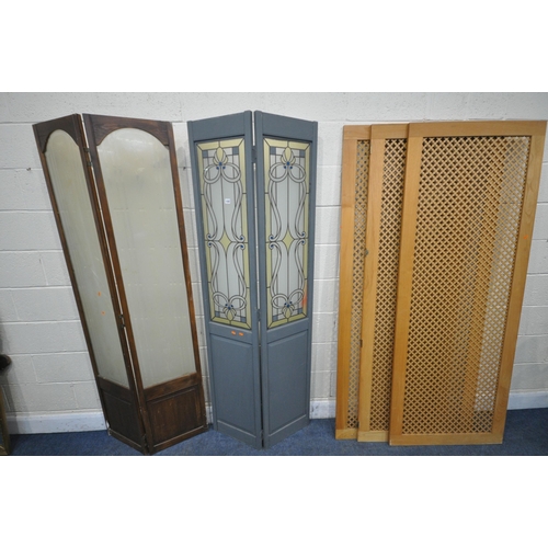 1242 - TWO GLAZED TWO PANEL FLOOR SCREENS, one painted with Art Nouveau glazing, the other with frosted gla... 