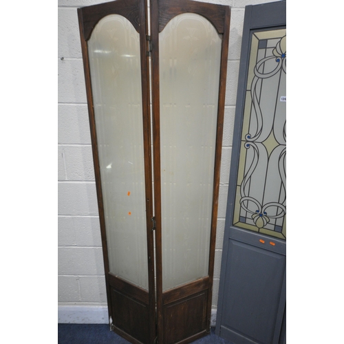 1242 - TWO GLAZED TWO PANEL FLOOR SCREENS, one painted with Art Nouveau glazing, the other with frosted gla... 