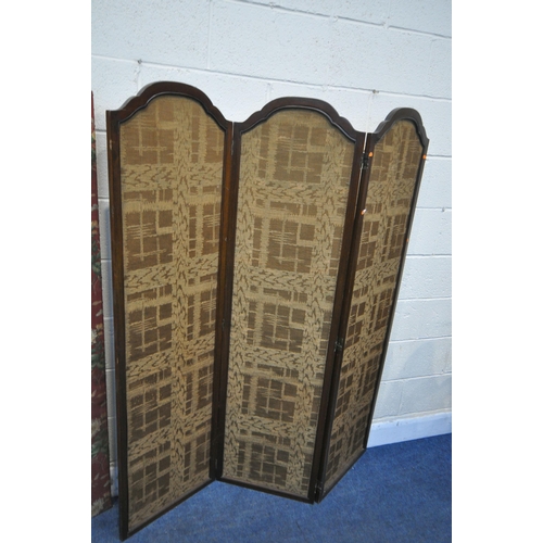 1243 - AN EDWARDIAN MAHOGANY THREE FOLD SCREEN, with a fabric panel, overall width 140cm x height 168cm, al... 