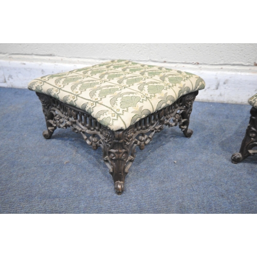 1245 - A PAIR OF ALUMINIUM FOOTSTOOLS, with open pieced decoration, on scrolled legs, 37cm squared x height... 