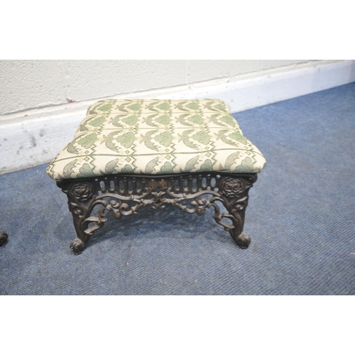 1245 - A PAIR OF ALUMINIUM FOOTSTOOLS, with open pieced decoration, on scrolled legs, 37cm squared x height... 