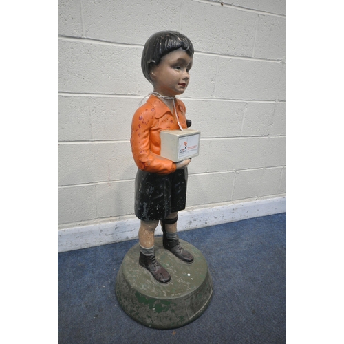 1246 - A VINTAGE DONATION BOX OF BOY IN A LEG BRACE, Action research for the crippled child charity, height... 