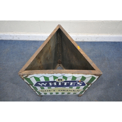 1247 - A VINTAGE ENAMEL TRIANGULAR LITTER BIN, advertising signs reading R WHITE'S SOFT DRINKS, diameter 46... 