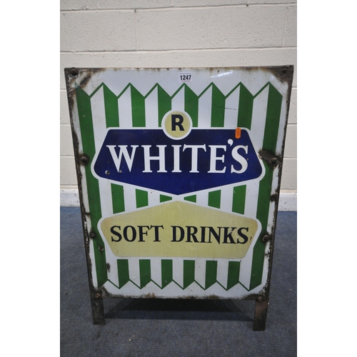 1247 - A VINTAGE ENAMEL TRIANGULAR LITTER BIN, advertising signs reading R WHITE'S SOFT DRINKS, diameter 46... 