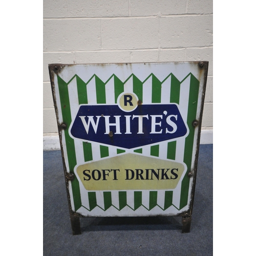 1247 - A VINTAGE ENAMEL TRIANGULAR LITTER BIN, advertising signs reading R WHITE'S SOFT DRINKS, diameter 46... 