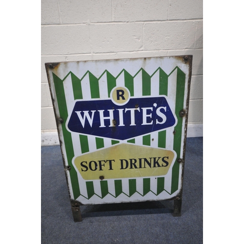 1247 - A VINTAGE ENAMEL TRIANGULAR LITTER BIN, advertising signs reading R WHITE'S SOFT DRINKS, diameter 46... 