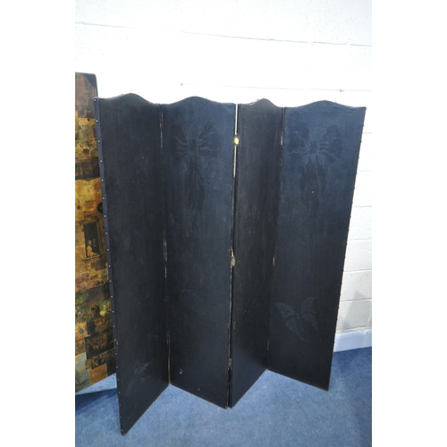 1257 - A BLACK LEATHERETTE FOUR PANEL SCREEN, overall width 160cm x height 168cm along with Decoupage two p... 