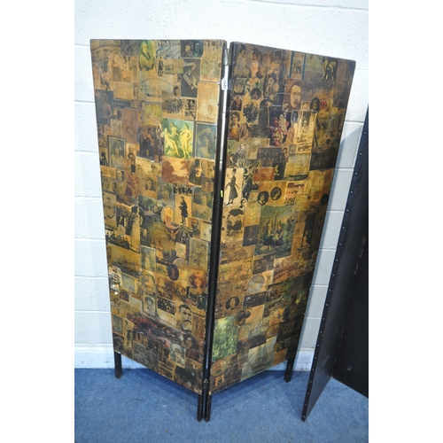 1257 - A BLACK LEATHERETTE FOUR PANEL SCREEN, overall width 160cm x height 168cm along with Decoupage two p... 