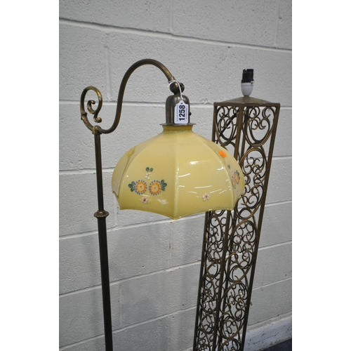 1258 - AN ART DECO FLOOR LAMP, with a coloured glass shade, along with a wire standard lamp, height 139cm (... 