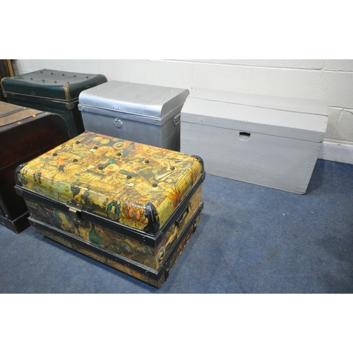 1259 - FIVE VARIOUS TRUNKS, to include three various tin trunks, one with Decoupage decoration, a painted w... 