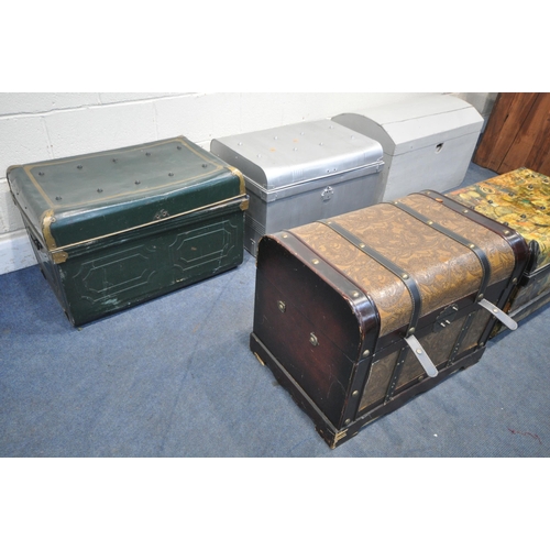 1259 - FIVE VARIOUS TRUNKS, to include three various tin trunks, one with Decoupage decoration, a painted w... 