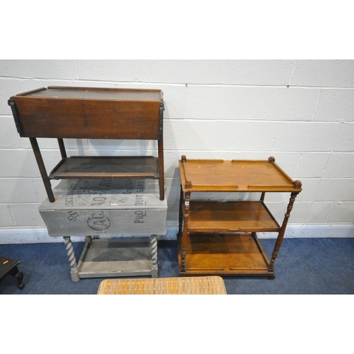 1260 - AN OAK THREE TIER TROLLEY, width 70cm x depth 43cm x height 84cm, an oak drop leaf table, a painted ... 