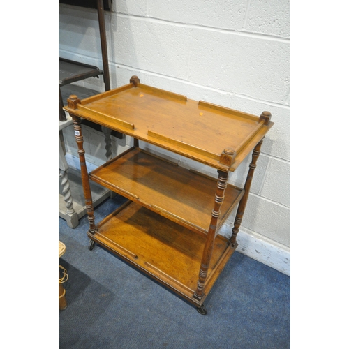 1260 - AN OAK THREE TIER TROLLEY, width 70cm x depth 43cm x height 84cm, an oak drop leaf table, a painted ... 