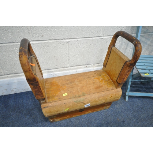 1263 - A VINTAGE H. HUNT & SON LIMITED POMMEL HORSE / GYM BUCK, along with four blue child's slatted chairs... 