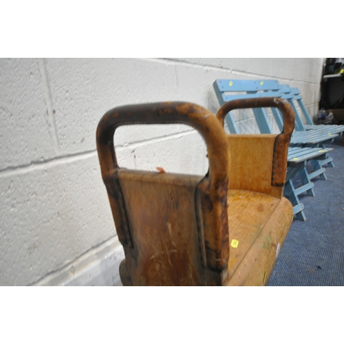 1263 - A VINTAGE H. HUNT & SON LIMITED POMMEL HORSE / GYM BUCK, along with four blue child's slatted chairs... 