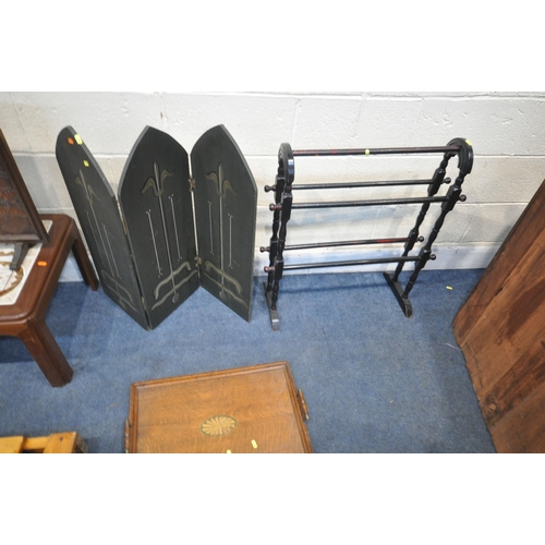 1266 - A SELECTION OF OCCASIONAL FURNITURE, to include an embossed leather fire screen, a gothic four panel... 