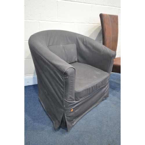 1273 - A MODERN UPHOLSTERED TUB CHAIR, a corner chair and another chair (condition report) (3)