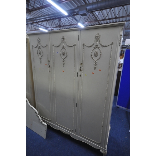 1284 - A CREAM FRENCH BEDROOM SUITE, comprising a triple door, width 157cm x depth 57cm x height 194cm, two... 