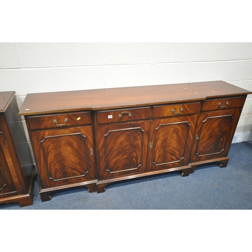 1285 - A REPRODUX MAHOGANY BREAKFRONT SIDEBOARD, with four drawers, width 194cm x depth 45cm x height 87cm,... 