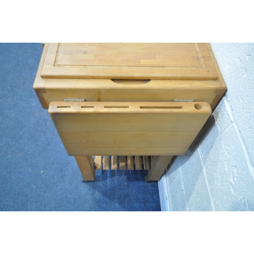 1286 - A SERVUS BEECH DROP END KITCHEN TROLLEY, with a removable butchers block, open width 75cm x closed w... 