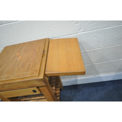 1286 - A SERVUS BEECH DROP END KITCHEN TROLLEY, with a removable butchers block, open width 75cm x closed w... 