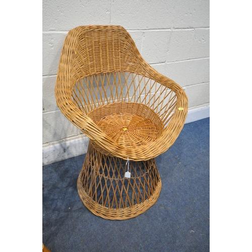 1288 - A WICKER BASKET CHAIR, on a circular tapered base, a pair of wicker conservatory armchairs, and a ta... 