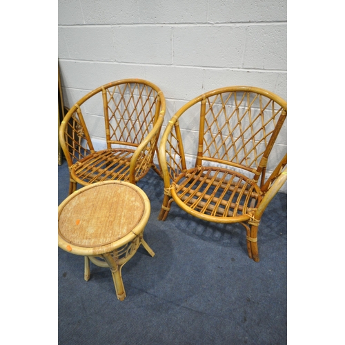 1288 - A WICKER BASKET CHAIR, on a circular tapered base, a pair of wicker conservatory armchairs, and a ta... 