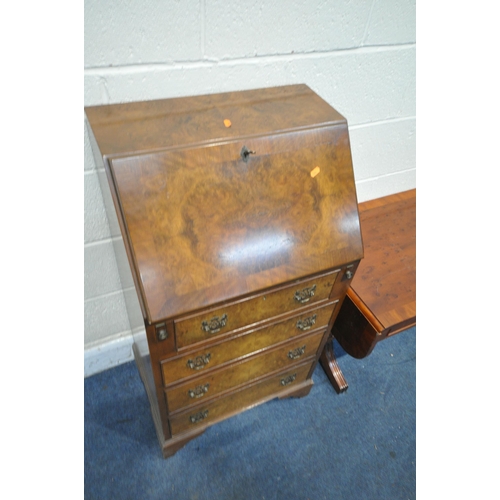 1292 - A YEW WOOD DROP END SOFA TABLE, with a single drawer, along with a walnut bureau, the fall front enc... 