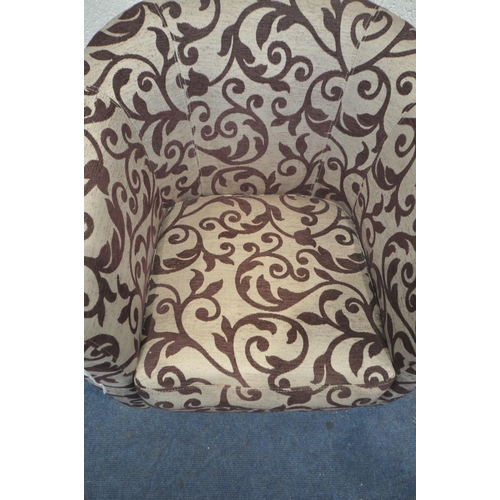 1296 - A BEIGE AND PURPLE FLORAL UPHOLSTERED TUB CHAIR (condition report: minor clean needed)