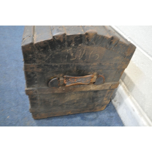 1297 - A VINTAGE WOOD AND METAL BANDED DOME TOP TRUNK, width 73cm x depth 43cm x height 51cm (condition - h... 