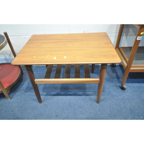 1300 - A MID-CENTURY TORBEN ORSKOV & CO TEAK CIRCULAR TWO TIER FOLDING SIDE TABLE, with two coloured trays,... 