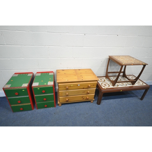 1304 - AN MID CENTURY G PLAN TEAK TILE TOP COFFEE TABLE, a similar occasional table, along with a pine ches... 