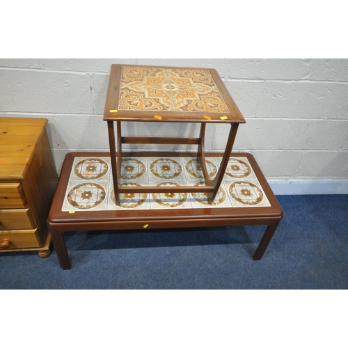 1304 - AN MID CENTURY G PLAN TEAK TILE TOP COFFEE TABLE, a similar occasional table, along with a pine ches... 