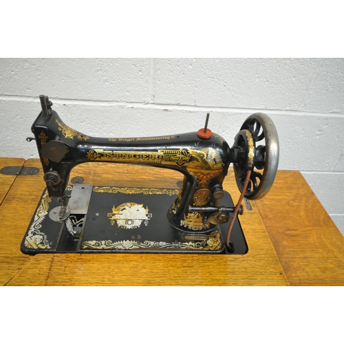 1307 - A VINTAGE SINGLE TREADLE SEWING MACHINE, serial number 13511447, width 93cm x depth 46cm x height 77... 