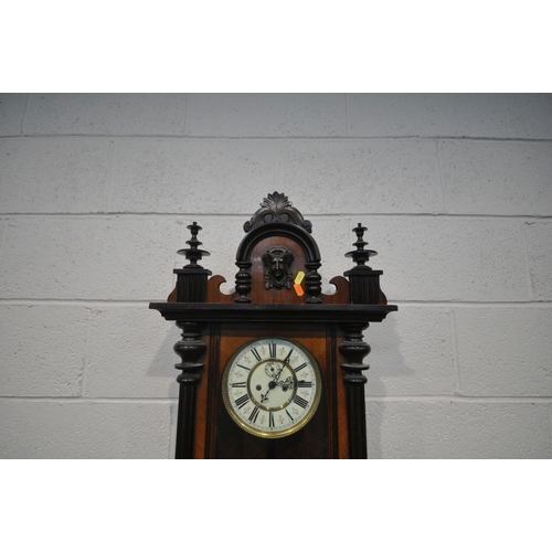 1313 - A 19TH CENTURY WALNUT VIENNA REGULATOR WALL CLOCK, 7 inch enamel dial with Roman numerals, height 12... 