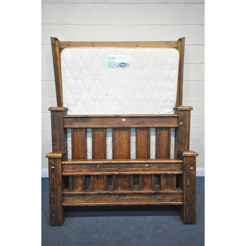 1317 - A HARDWOOD RUSTIC STYLE 5FT BEDSTEAD, with slatted base and side rails, band a Silentnight 4ft6 matt... 