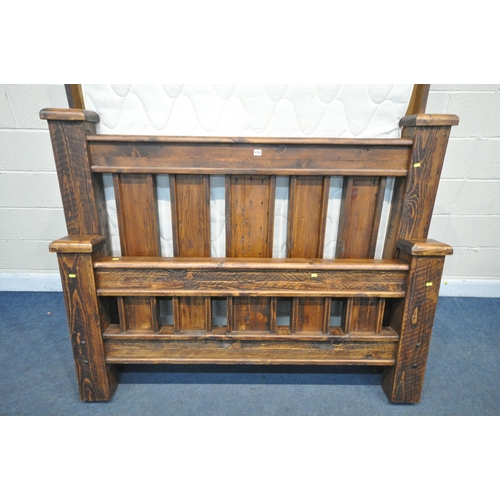 1317 - A HARDWOOD RUSTIC STYLE 5FT BEDSTEAD, with slatted base and side rails, band a Silentnight 4ft6 matt... 