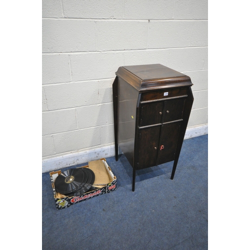 1320 - A VINTAGE OAK GRAMOPHONE, with hinged top, width 46cm x depth 50cm x height 98cm, and two boxes cont... 