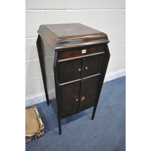 1320 - A VINTAGE OAK GRAMOPHONE, with hinged top, width 46cm x depth 50cm x height 98cm, and two boxes cont... 