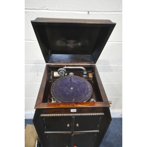 1320 - A VINTAGE OAK GRAMOPHONE, with hinged top, width 46cm x depth 50cm x height 98cm, and two boxes cont... 