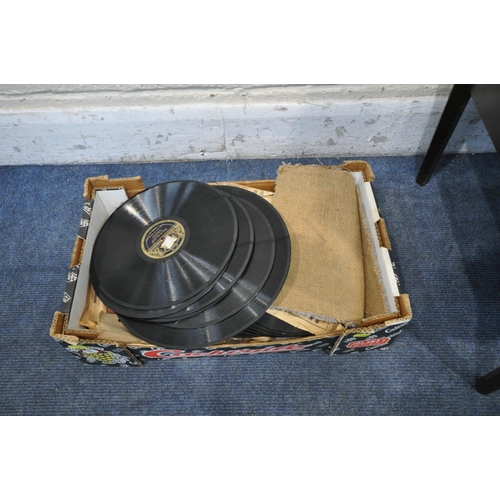 1320 - A VINTAGE OAK GRAMOPHONE, with hinged top, width 46cm x depth 50cm x height 98cm, and two boxes cont... 