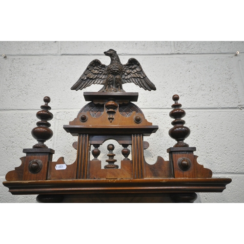 1322 - A 19TH CENTURY WALNUT VIENNA WALL CLOCK, with an eagle pediment and roman numerals, height 135cm (co... 