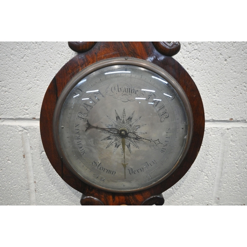 1323 - A VICTORIAN FLAME MAHOGANY WHEEL BAROMETER, signed W Horrod of 19 Yardley street, Wilmington, height... 