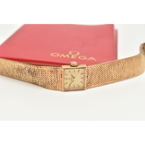 10 - A LADYS 9CT GOLD 'OMEGA' WRISTWATCH, manual wind, gold square dial signed 'Omega', baton markers, po... 